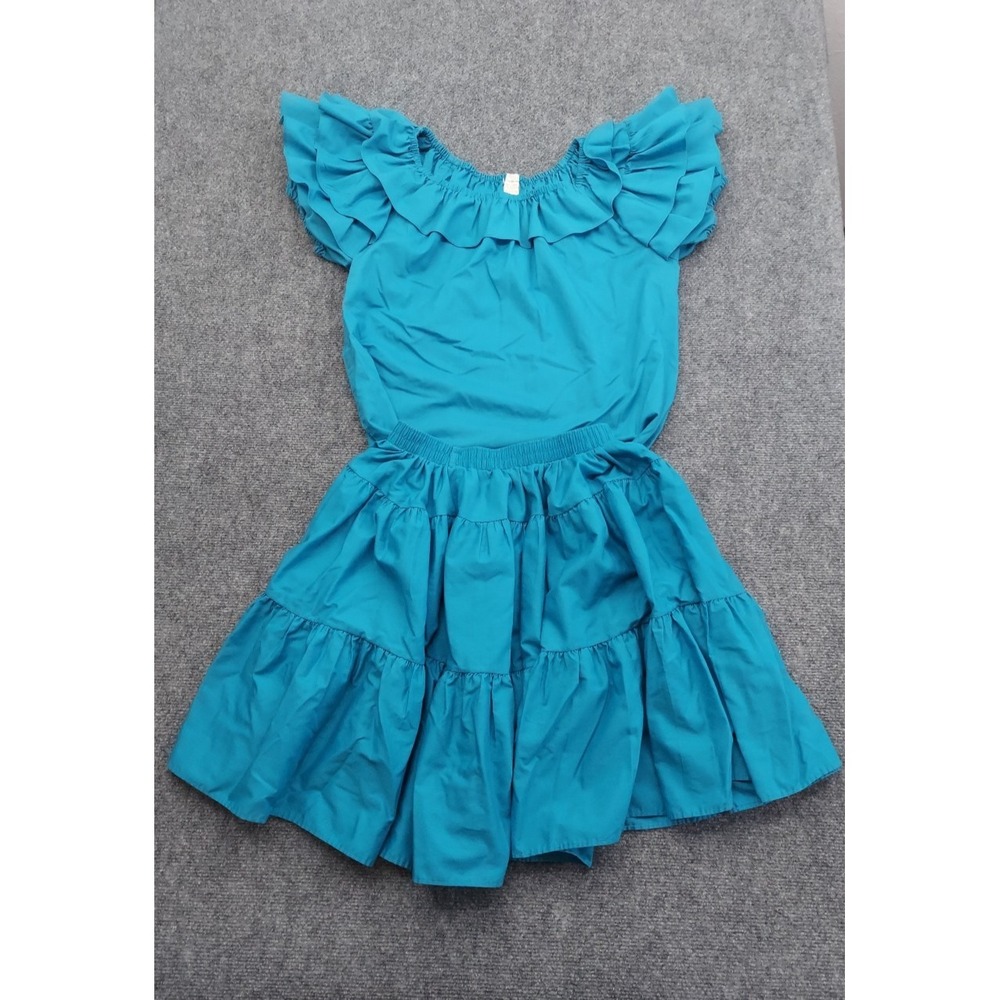 Vtg Malco Modes Square Dancing Skirt Top Dress Small Aqua Blue Ruffle Full Skirt